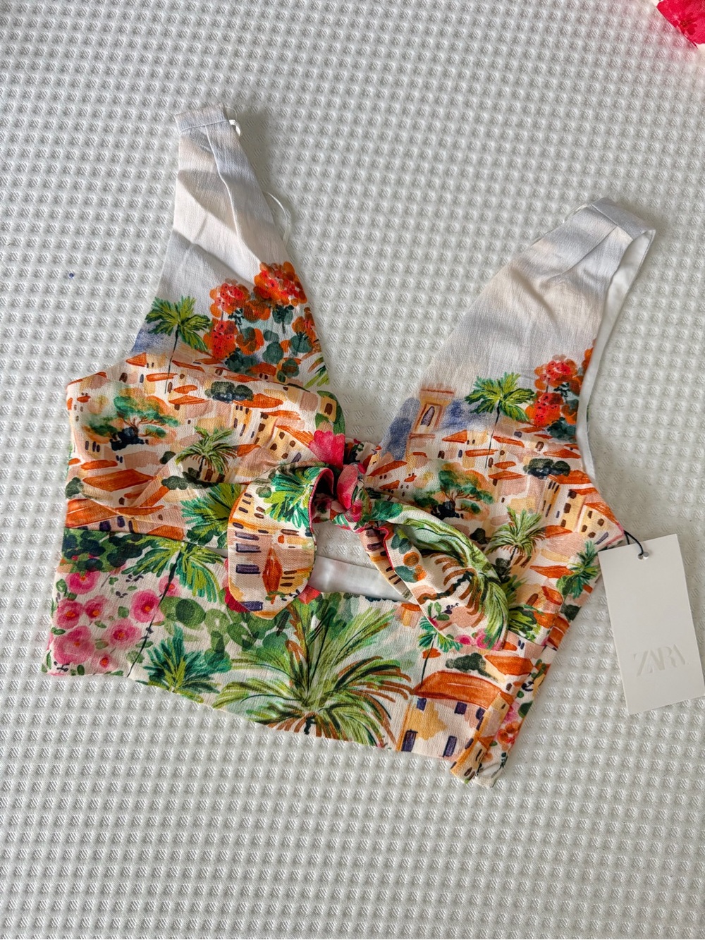 Zara Multicolor Botanical Tie-Front Crop Top with White Base